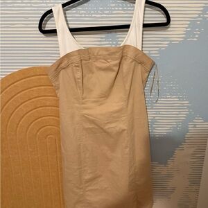 Maeve Tan and White Strapless Dress